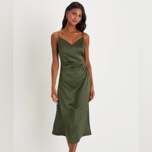 NWT Lulu’s Sz S Simplicity of Love Olive Green Satin A-Line Midi Dress